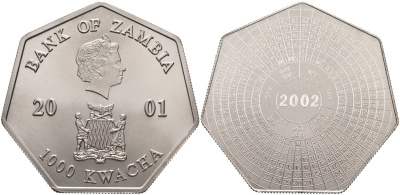 Замбия 1000 квача 2001 календарь, семиугольная KM 74 медно-никель PROOF 02-208-23