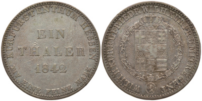 Гессен-Кассель 1 талер 1842 КМ 587, Jaeger 32, Thun 184, AKS 46, Kahnt 252 серебро 00-000-00