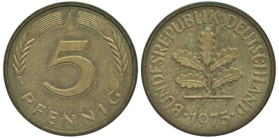 ФРГ 5 ПФЕННИГОВ 1975 J KM 107, Jager 382 сталь плакированная латунью 4547-751