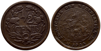 НИДЕРЛАНДЫ 1/2 ЦЕНТА 1914 ВИЛЬГЕЛЬМИНА (1890-1948) KM 138 бронза 46-543