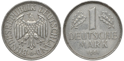 ФРГ 1 МАРКА 1961 D J 385, KM 110 медно-никель 72-713