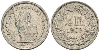 Швейцария 1/2 франка 1968 В KM 23а медно-никель 4576-935
