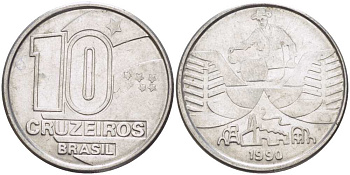 Бразилия 10 крузейро 1990 золотодобыча KM 619.1 нержавеющая сталь 3856-1216