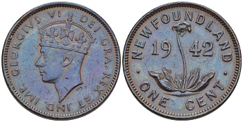 НЬЮФАУНДЛЕНД 1 МАЛЕНЬКИЙ ЦЕНТ 1942 КАНАДА ПРОВИНЦИЯ НЬЮФАУНДЛЕНД, ГЕРГ VI (1937-1952) KM 18 бронза 31-1217