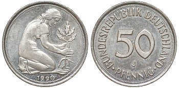 ФРГ 50 пфеннигов 1990 J KM 109, J. 384 медно-никель 4132-655