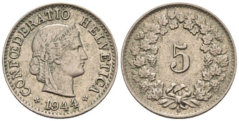 Швейцария 5 раппенов 1944 В KM 26 медно-никель 4576-924