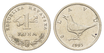Хорватия 1 куна 1993 западный соловей, легенда на хорватском KM 9.1 медь цинк никель 3459-931