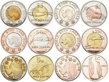 Земля Мэри Бэрд набор из 6 монет (1, 5, 25 и 50 центов; 1 и 5 долларов) 2012 морские обитатели - пингвин, омар, дельфин, кит, морж биметалл PROOF 00-00