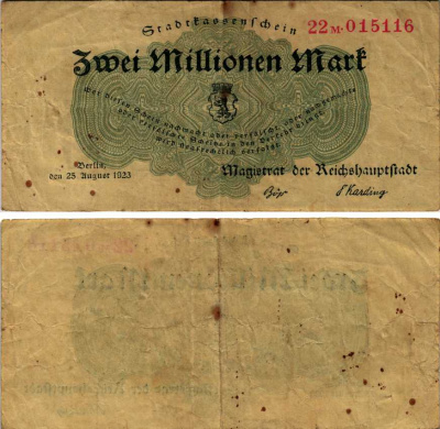 ГЕРМАНИЯ 2000000 МАРОК 1923 25 АВГУСТА 1923, БЕРЛИН (МАГИСТРАТ), НОТГЕЛЬД бумага 444-131-1