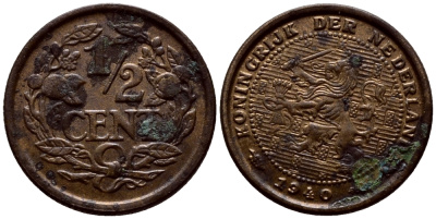 НИДЕРЛАНДЫ 1/2 ЦЕНТА 1940 ВИЛЬГЕЛЬМИНА (1890-1948) KM 138 бронза 46-161