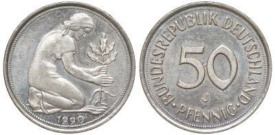 ФРГ 50 пфеннигов 1990 J KM 109, J. 384 медно-никель 4132-655