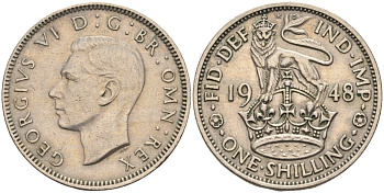 Великобритания 1 шиллинг 1948 Георг VI (1936-1952), Английский герб KM 863, Spink 4103 медно-никель 4126-445