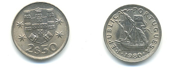 Португалия 2,5 эскудо 1980 парусник KM 590 медно-никель 176-155