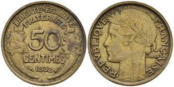 Франция 50 сантимов 1932 KM 894.1, Le Franc 192.15 алюминиевая бронза 4596-751