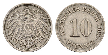 Германия 10 пфеннигов 1908 D, Вильгельм II (1888-1918) KM 12, J. 13 медно-никель 4636-911