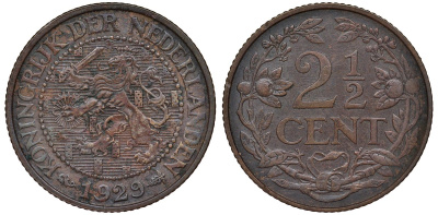 Нидерланды 2 1/2 цента 1929 Вильгельмина (1890-1948) KM 150 бронза 4681-737