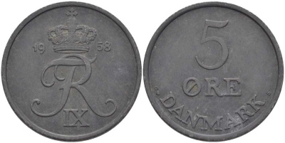 ДАНИЯ 5 ЭРЕ 1958 C; S, ФРЕДЕРИК IX (1947-1972) KM 843.2 цинк 38-414