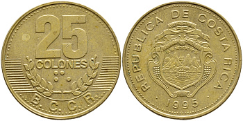 КОСТА-РИКА 25 КОЛОН 1995 B.C.C.R., ГОД ТИП KM 229 сталь плакированная латунью 57-421