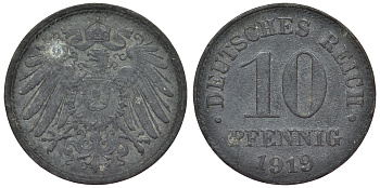 Германия 10 пфеннигов 1919 KM 26, J. 299, Weege 8 цинк 4119-331