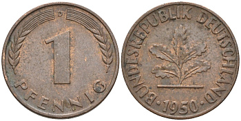 ФРГ 1 пфенниг 1950 D KM 105, J.380 сталь плакированная медью 4174-567