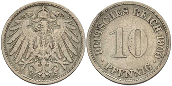 ГЕРМАНИЯ 10 ПФЕННИГОВ 1900 F KM 12, J. 13 медно-никель 4401-1127
