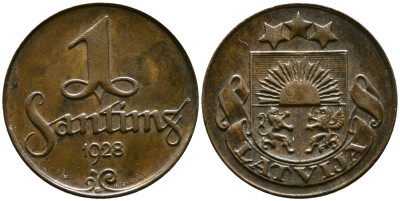 Латвия 1 сантим 1928 первая Республика (1918-1939) KM 1 бронза 83-1462