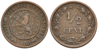 Нидерланды 1/2 цента 1900 Вильгельмина (1890-1948) KM 109 бронза 4576-315