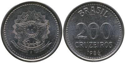 Бразилия 200 крузейро 1986 KM 596, Schon 105 нержавеющая сталь 4567-1026