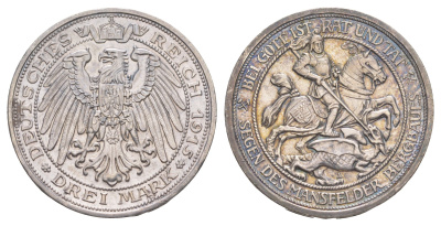 Пруссия 3 марки 1915 A, 100 лет присоединению Мансфельда, тираж 30.000 экземпляров KM 539, J. 115 серебро 00-821-38