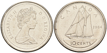Канада 10 центов 1984 Елизавета II, парусник KM 77.2 никель    4147-363