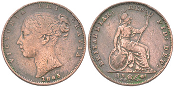 Великобритания 1 фартинг 1843 Виктория (1837-1901) KM 725, Spink 3950 медь 4613-411