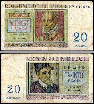 Бельгия 20 франков 1950 Pick 132 a бумага 8604-15-2-2