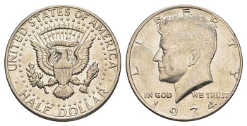 США 1/2 доллара (50 центов) 1974 Джон Кеннеди KM 202b медь плакированная медно-никелем aUNC 4536-441