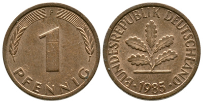 ФРГ 1 ПФЕННИГ 1985 F KM 105, J.380 сталь плакированная медью 179-1016