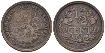 НИДЕРЛАНДЫ 1/2 ЦЕНТА 1916 ВИЛЬГЕЛЬМИНА (1890-1948) KM 138 бронза 39-212