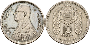 Монако 10 франков 1946 Луи II (1922-1949) KM 123 медно-никель  aUNC 4595-225