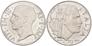 ИТАЛИЯ 20 ЧЕНТЕЗИМО 1941 R, ГОД XIX, ВИКТОР ЭММАНУИЛ III (1900-1946) KM 75b, VEM3. 1028 нержавеющая сталь 3853-1034