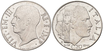 ИТАЛИЯ 20 ЧЕНТЕЗИМО 1941 R, ГОД XIX, ВИКТОР ЭММАНУИЛ III (1900-1946) KM 75b, VEM3. 1028 нержавеющая сталь 3853-1127