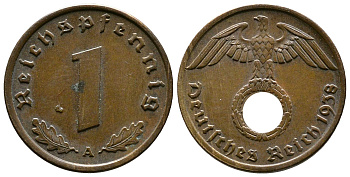 Германия 1 рейхспфенниг 1938 A KM 89, J. 361 бронза    220-269