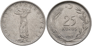 Турция 25 курушей 1968 KM 892.3 нержавеющая сталь 4156-815