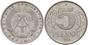 ГДР 5 пфеннигов 1968 A KM 9.1 алюминий 211-954