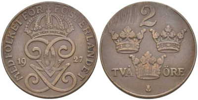 Швеция 2 эре 1927 Густав V (1907-1950) KM 778 бронза 119-1015