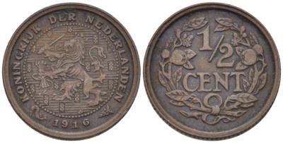 Нидерланды 1/2 цента 1916 Вильгельмина (1890-1948) KM 138 бронза 39-212