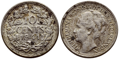 Нидерланды 10 центов 1941 Вильгельмина I (1890-1948) КМ 163 серебро 46-626