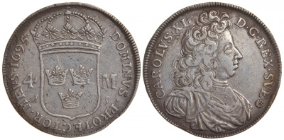 Швеция 4 марки 1695 Карл XI KM 296 серебро 00-000-00