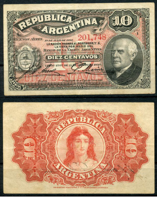 Аргентина 10 сентаво 1890 19 июля 1895, Доминго Фаустино Сармьенто Pick 228  бумага   451-31-2