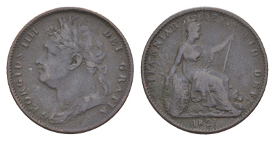 Великобритания 1 фартинг 1821 Георг IV (1820-1830) KM 677, Spink 3822 бронза 4658-865