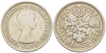 Великобритания 6 пенсов 1953 Елизавета II (1952-2022) KM 889, Spink 4141 медно-никель 3955-368