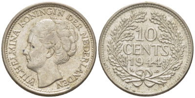 Нидерланды 10 центов 1944 Вильгельмина (1890-1948) KM 163 серебро aUNC 66-1258