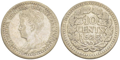 Нидерланды 10 центов 1925 Вильгельмина (1890-1948) KM 145 серебро 4532-1161